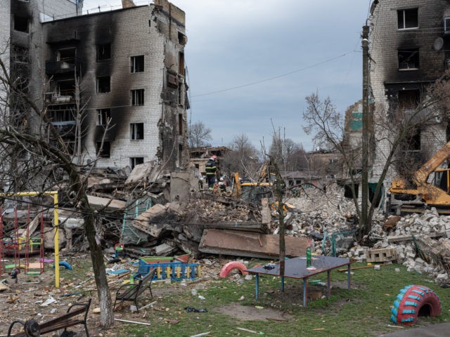BORODIANKA, UKRAINE - APRIL 09: A destroyed apartment building is seen on April 9, 2022 i
