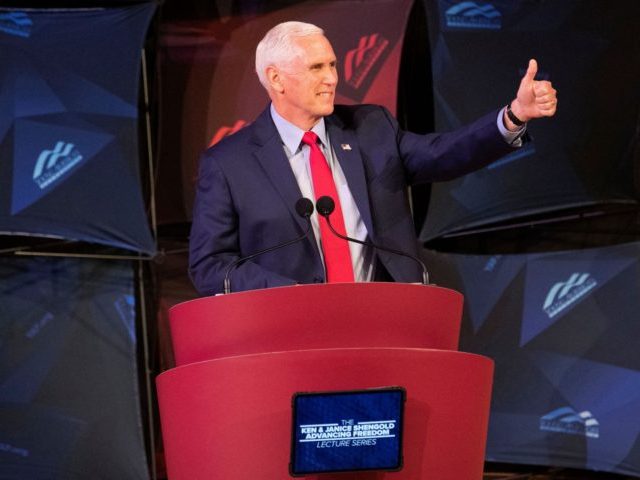 Former US Vice President Mike Pence speaks at a campus lecture hosted by Young Americans for Freedom at the University of Virginia in Charlottesville, Virginia, on April 12, 2022. (Photo by Ryan M. Kelly / AFP) (Photo by RYAN M. KELLY/AFP via Getty Images)