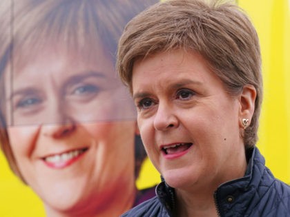 DUNDEE, SCOTLAND - APRIL 15: First Minister Nicola Sturgeon at Dundee Law for the launch for the SNP's campaign bus, which will tour Scotland in the 21 days before the local elections, on April 15, 2022 in Dundee, Scotland. (Photo Jane Barlow - Pool/Getty Images)