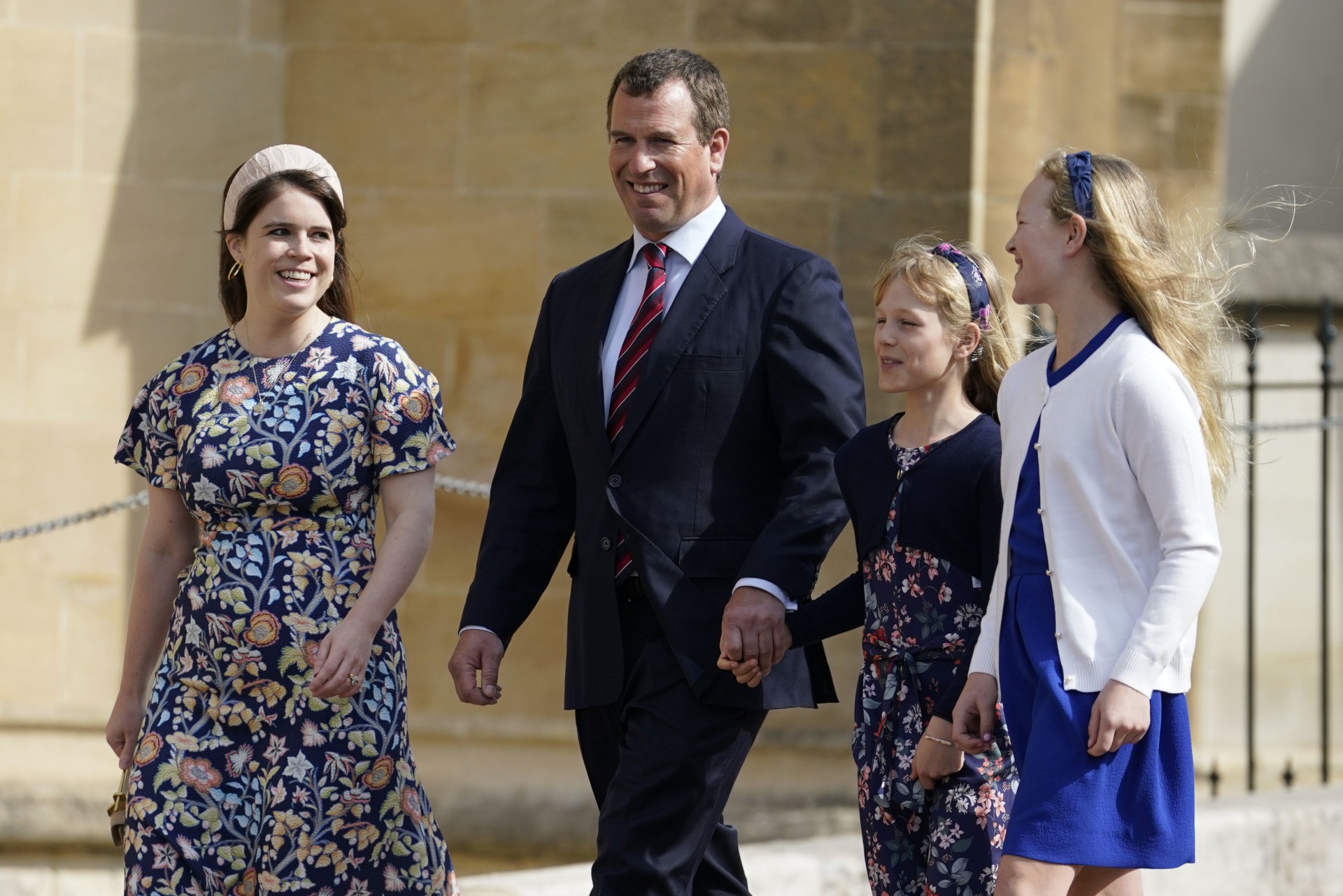 WINDSOR, ENGLAND - APRIL 17: Princess Eugenie, Peter Philips and his daughters Isla Philips and Savannah Philips attend the Easter Matins Service at St George's Chapel at Windsor Castle on April 17, 2022 in Windsor, England. (Photo by Andrew Matthews-WPA Pool/Getty Images)