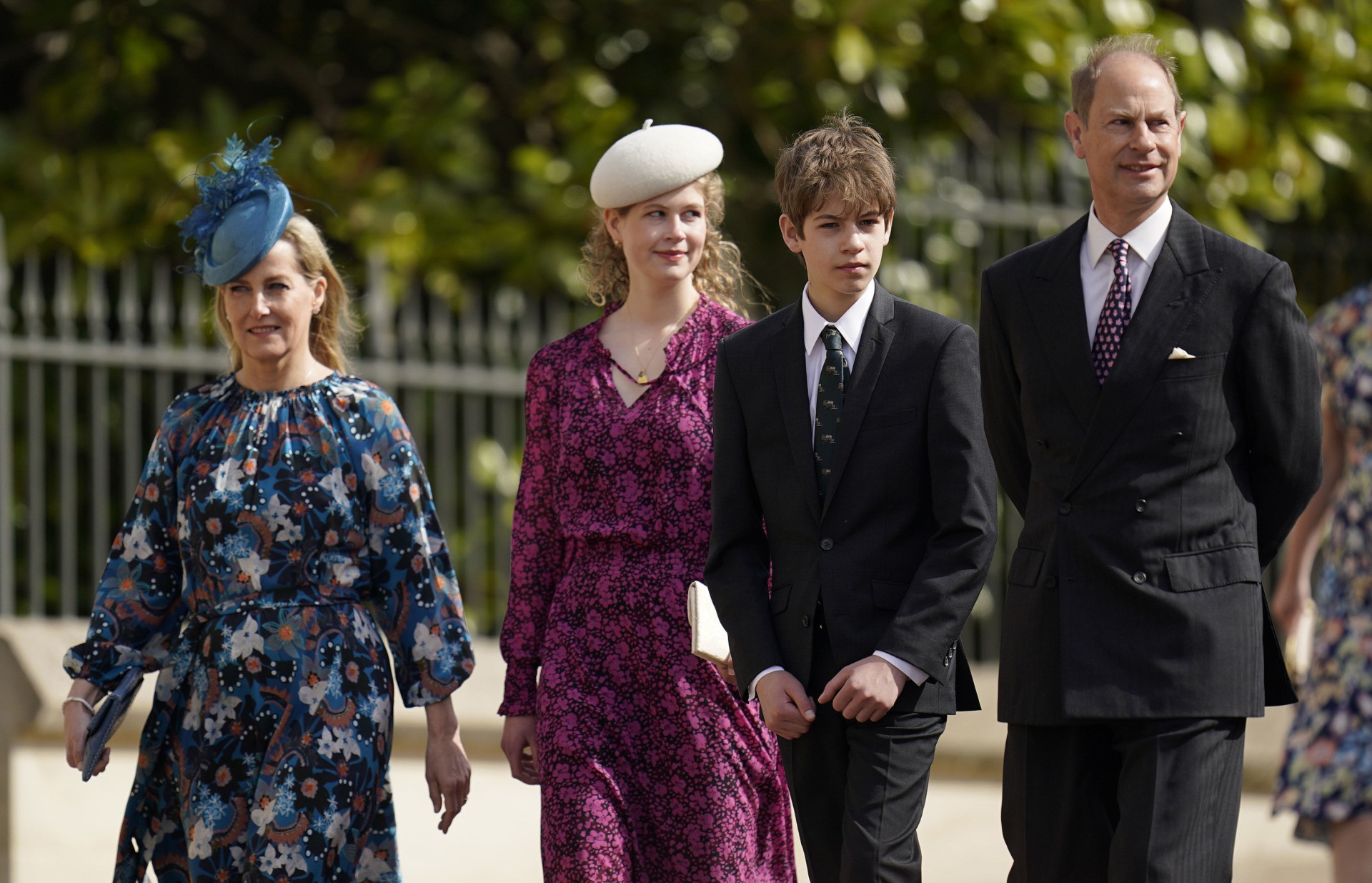 WINDSOR, ENGLAND - APRIL 17: Sophie, Countess of Wessex, Lady Louise Mountbatten-Windsor, James, Viscount Severn and the Prince Edward, Earl of Wessex attend the Easter Matins Service at St George's Chapel at Windsor Castle on April 17, 2022 in Windsor, England. (Photo by Andrew Matthews-WPA Pool/Getty Images)