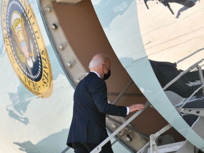 US President Joe Biden boards Air Force One before departing from Joint Base Andrews in Maryland on April 19, 2022. - Biden is heading to Portsmouth, New Hampshire. (Photo by MANDEL NGAN / AFP) (Photo by MANDEL NGAN/AFP via Getty Images)