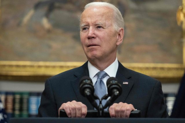 US President Joe Biden provides updates on the Ukraine-Russia conflict in the Roosevelt Room of the White House in Washington, DC, on April 21, 2022. - President Biden on Thursday vowed that Russian President Vladimir Putin would never take control of Ukraine, as the United States announced new military aid …
