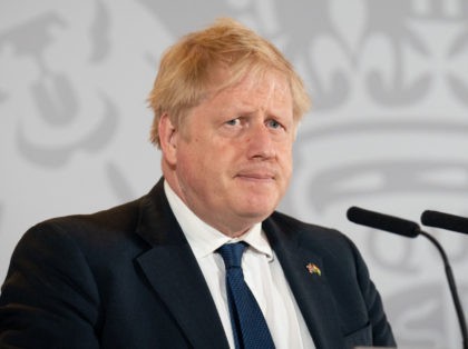 NEW DELHI, INDIA - APRIL 22: Britain's Prime Minister Boris Johnson speaks at a press conference on April 22, 2022 in New Delhi, India. During his two-day visit to India, Boris Johnson is expecting to seal new collaborations on defence and green energy as he seeks to reduce the country's …