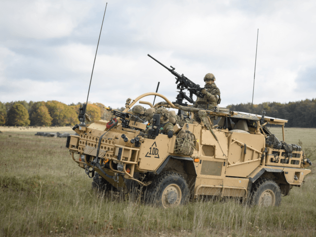 SALISBURY, ENGLAND - OCTOBER 13: A Jackal armoured vehicle is seen during a Mission Rehearsal Exercise ahead of the UK Task Group deployment to Mali, on the Ministry of Defence training area on Salisbury Plain, on October 13, 2020 in Salisbury, England. Later this year, 300 military personnel will join …