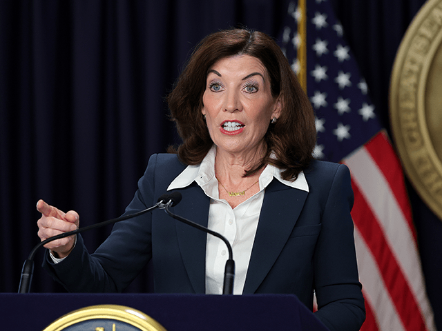 New York Governor Kathy Hochul speaks during a Covid-19 press conference on February 09, 2022 in New York City. Governor Hochul announced the end of the New York state indoor mask mandate, effective tomorrow February 10th. Masks will still be require at schools, nursing homes, hospitals, bus and train stations. …