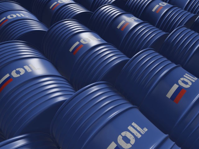 Blue metal oil barrels with Russia flag and oil written on it