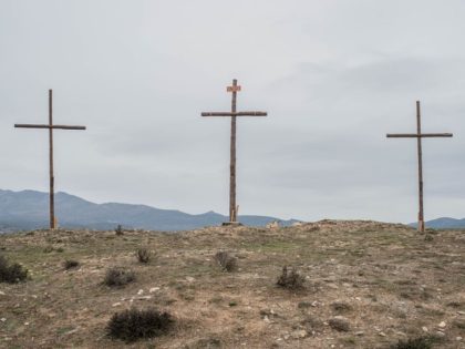 Three crosses are seen after neighbours of Hiendelaencia performed the reenactment of Christ's suffering on March 25, 2016 in Hiendelaencina, Spain. The 140 village's residents celebrate every year on Good Friday a reenactment of Christ's suffering before being nailed to the cross Hiendelaencina's inhabitants use their own funds to make …