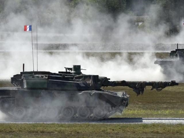 French army tanks type 'Leclerc' drive during a first shooting of the exercise 'Strong Eur