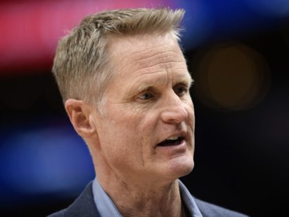 Golden State Warriors head coach Steve Kerr during the first half of an NBA basketball game against the Washington Wizards, Monday, Feb. 3, 2020, in Washington.