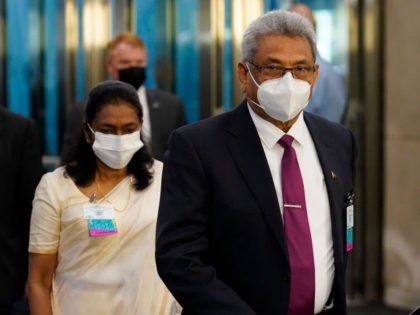 President of Sri Lanka Gotabaya Rajapaksa (R) arrives at United Nations headquarters durin