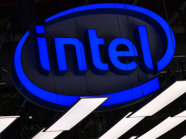 The Intel logo is displayed at the Intel stand at the 2018 CeBIT technology trade fair on