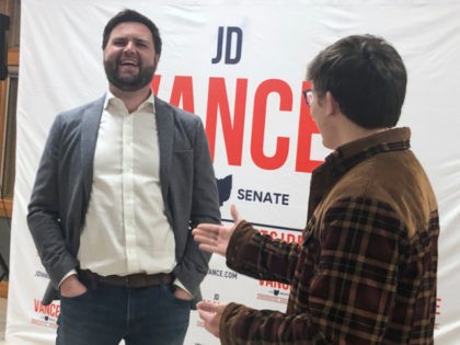 Ohio Republican Senate candidate J.D. Vance laughs while speaking with Spencer Johnson at a campaign event in East Canton, Ohio, on March 9, 2022. Ohio's crowded Republican Senate race has been all about one man: Donald Trump. But with less than two months until the state's May 3 primary to …