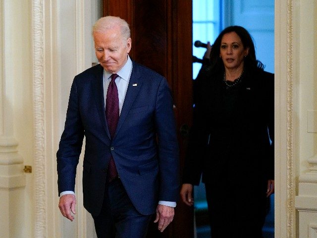 President Joe Biden and Vice President Kamala Harris arrive at a bill signing ceremony for a bill to end forced arbitration in sexual harassment cases in the workplace, Thursday, March 3, 2022, in the East Room of the White House in Washington. (AP Photo/Patrick Semansky)