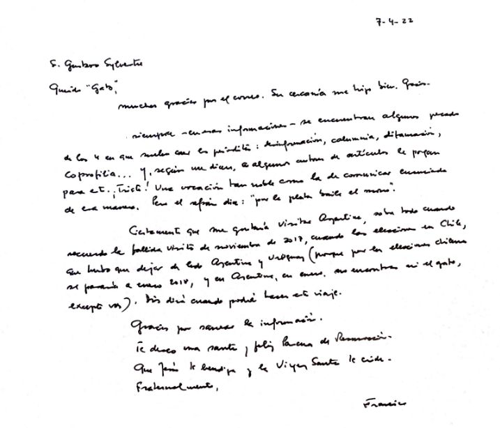 Letter from Pope Francis to Gustavo Sylvestre.