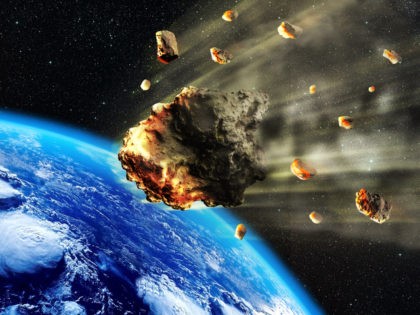 3D rendering of a swarm of Meteorites or asteroids entering the Earth's atmosphere.(ratpac