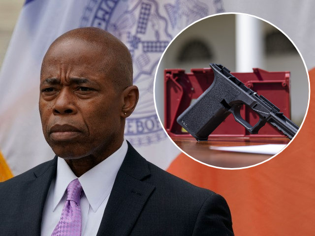 New York City Mayor Eric Adams; inset: "Ghost gun"
