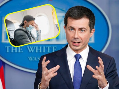 Transportation Secretary Pete Buttigieg speaks during the daily briefing at the White House in Washington, on Nov. 8, 2021. (AP Photo/Susan Walsh, File) Young man traveler wearing prevention mask during a flight inside an airplane. (Jun/Getty Images Stock)