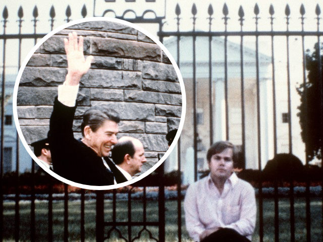 John Hinckley in front of the White House; Inset: President Ronald Reagan waves to the crowd just before the assassination attempt on him by John Hinckley.