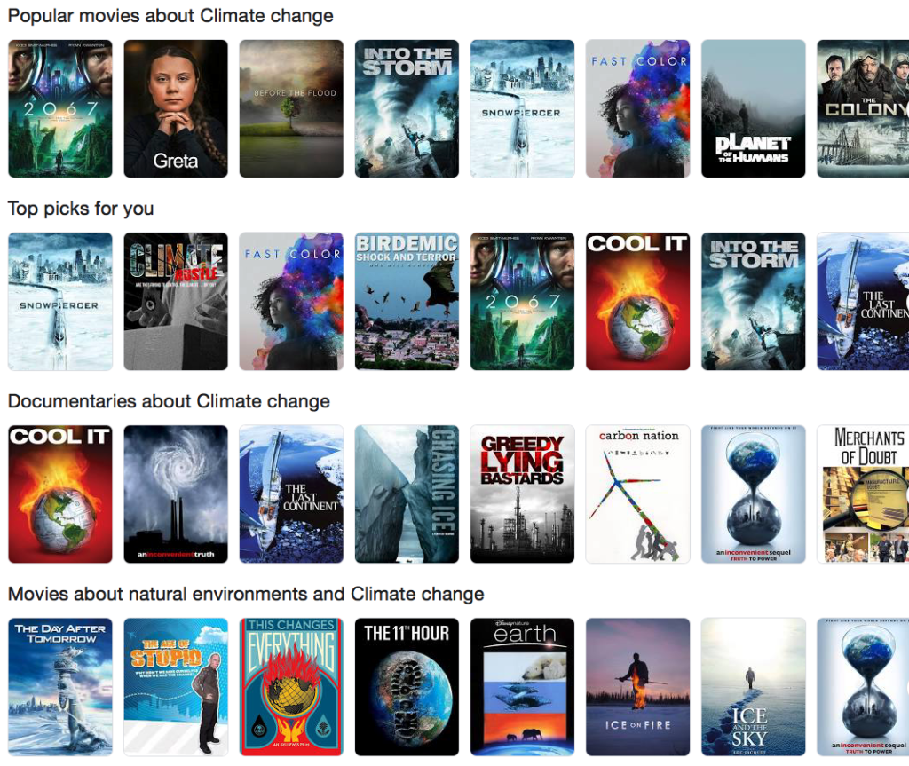 Popular movies, documentaries, and TV shows about climate change. (Google Search)