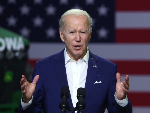 MENLO, IOWA - APRIL 12: U.S. President Joe Biden speaks to guests during a visit to POET B