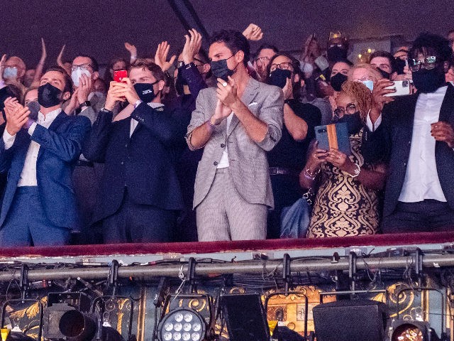 The audience wears masks during the Broadway opening night of "Six" at the Brook