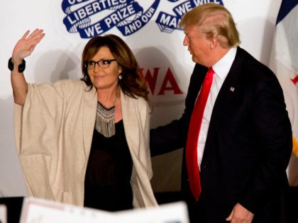 FILE - In this Feb. 1, 2016, file photo, Republican presidential candidate Donald Trump is joined on stage by former Republican vice presidential candidate, and former Alaska Gov. Sarah Palin during a campaign event, in Cedar Rapids, Iowa. Palin said Sunday, May 8, 2016, that House Speaker Paul Ryan's statement …