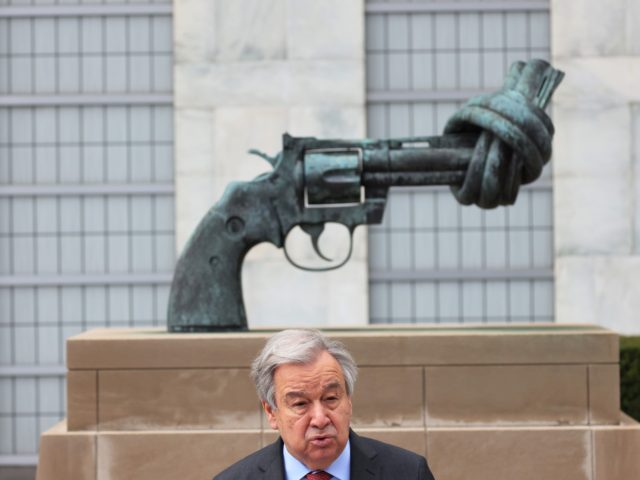 NEW YORK, NEW YORK - APRIL 19: António Guterres, United Nations Secretary-General, speaks