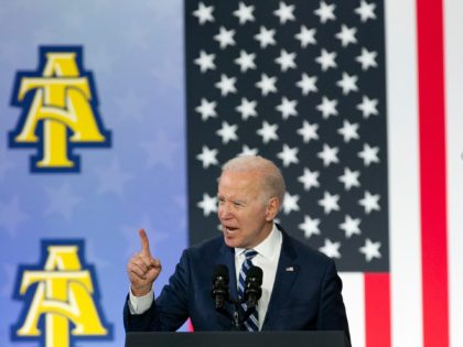 GREENSBORO, NC - APRIL 14: U.S. President Joe Biden speaks to guests during a visit to North Carolina Agricultural and Technical State University on April 14, 2022 in Greensboro, North Carolina. Biden was in North Carolina to discuss his administration's efforts to create manufacturing jobs and alleviate the impacts of …