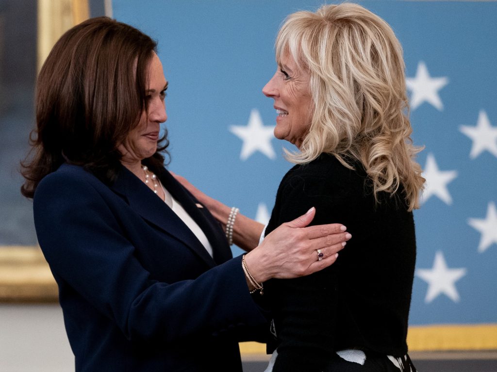 WASHINGTON, DC - MAY 21: Vice President Kamala Harris and first lady Dr. Jill Biden attend a Medal of Honor ceremony for Army Colonel Ralph Puckett in the East Room of the White House May 21, 2021 in Washington, DC. Army Colonel Ralph Puckett is a decorated combat veteran who served in the army during the Korean War and led a group of 51 men in the capture and defense of Hill 205 against an overwhelming Chinese attack. Colonel Puckett is U.S. President Joe Biden’s first Medal of Honor recipient of his administration. (Photo by Stefani Reynolds-Pool/Getty Images)