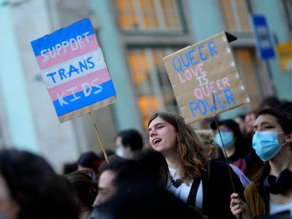 Demonstrators take part in a march to mark International Transgender Day of Visibility in Lisbon, Thursday, March 31, 2022. (AP Photo/Armando Franca)