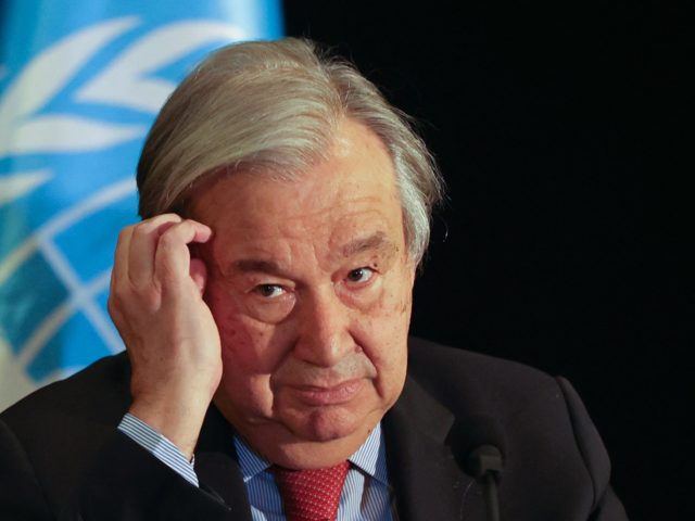 UN Secretary-General Antonio Guterres attends a press conference at the end of his visit t