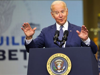 KEARNY, NEW JERSEY - OCTOBER 25: U.S. President Joe Biden gives a speech on his Bipartisan Infrastructure Deal and Build Back Better Agenda at the NJ Transit Meadowlands Maintenance Complex on October 25, 2021 in Kearny, New Jersey. On Thursday during a CNN Town Hall, U.S. President Joe Biden announced …