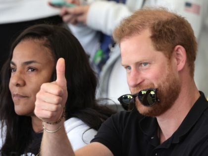 THE HAGUE, NETHERLANDS - APRIL 17: Prince Harry, Duke of Sussex and President of the International Paralympics Committee Andrew Parsons attend the Archery Competition during day two of the Invictus Games The Hague 2020 at Zuiderpark on April 17, 2022 in The Hague, Netherlands. (Photo by Chris Jackson/Getty Images for …