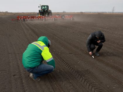 UMNYSKA, UKRAINE - MARCH 26: Holovanych Andrii, (L) and Kaluzhniak Andrii, both of whom are agronomist with the Zahidnyi Bug Farm, help plant sugar beet seeds on March 26, 2022 in Humnyska, Ukraine. With more than 150,000 square miles of agricultural land, Ukraine has been called the "breadbasket" of Europe, …