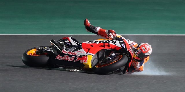 Down but not out: Marc Marquez crashes in practice at the 2019 Qatar MotoGP