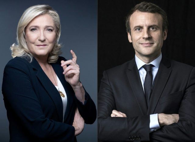 Marine Le Pen, left, will face Emmanuel Macron in a run-off for the French presidency on A