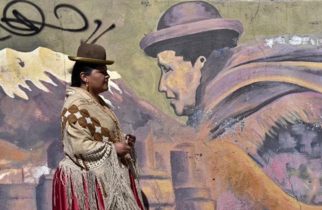 Alwa, Bolivia's first Aymara woman rapper, poses in front of a mural in her home town of E