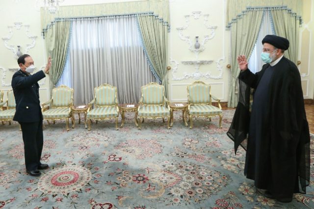 A handout picture provided by the Iranian presidency on April 27, 2022 shows President Ebr