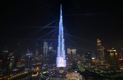 The launch of a rocket into space is projected on Dubai's Burj Khalifa on February 9, 2021