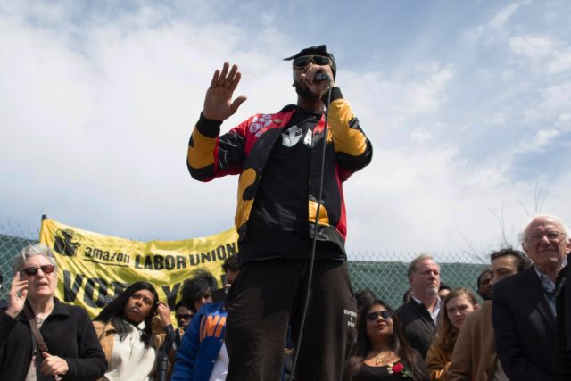 THe president of the Amazon Labor Union (ALU) Christian Smalls at a rally in New York in A