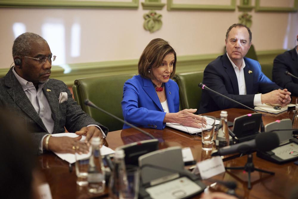 U.S. Speaker of the House Nancy Pelosi, center, talks during her meeting with Ukrainian President Volodymyr Zelenskyy in Kyiv, Ukraine, Saturday, April 30, 2022. Pelosi, second in line to the presidency after the vice president, is the highest-ranking American leader to visit Ukraine since the start of the war, and her visit marks a major show of continuing support for the country's struggle against Russia. (Ukrainian Presidential Press Office via AP)