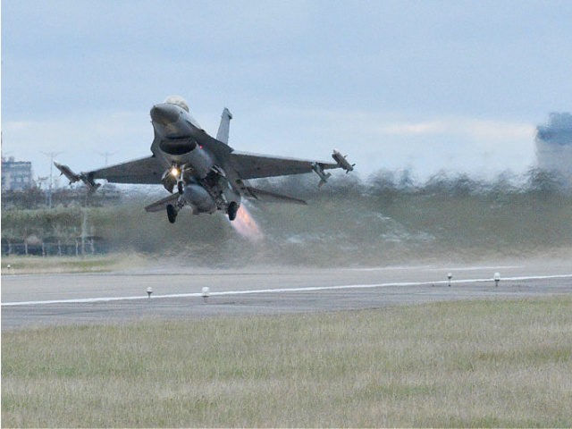 A F-16 Fighting Falcon takes off during an annual drill at an air base in Taitung City, so