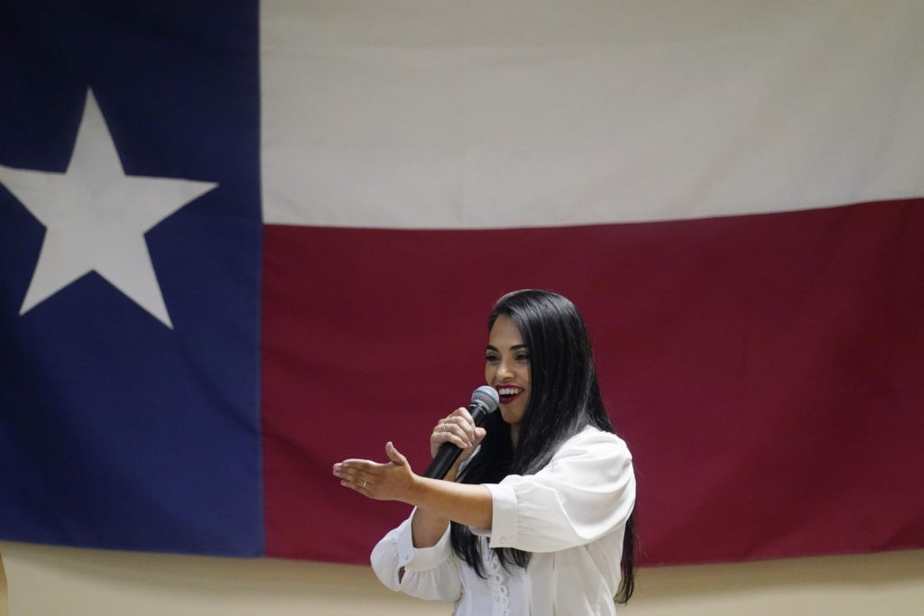 In this Wednesday, Sept. 22, 2021, photo Republican congressional candidate Mayra Flores speaks at a Cameron County Conservatives event in Brownsville, Texas. Flores argues that Democrats are forcing Texans choose between their energy sector jobs and curbing climate change. (AP Photo/Eric Gay)