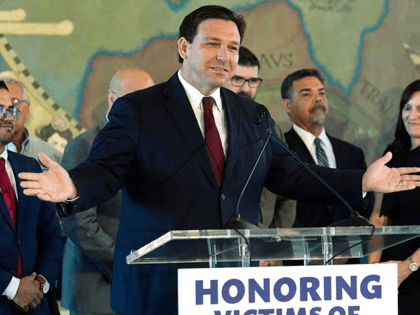 Florida Gov. Ron DeSantis speaks at Miami's Freedom Tower, Monday, May 9, 2022, in Miami. DeSantis approved two bills, one establishing November 7 as "Victims of Communism Day" and another bill to rename roads across the state for notable Cubans. The governor also announced that he will approve $25 million …