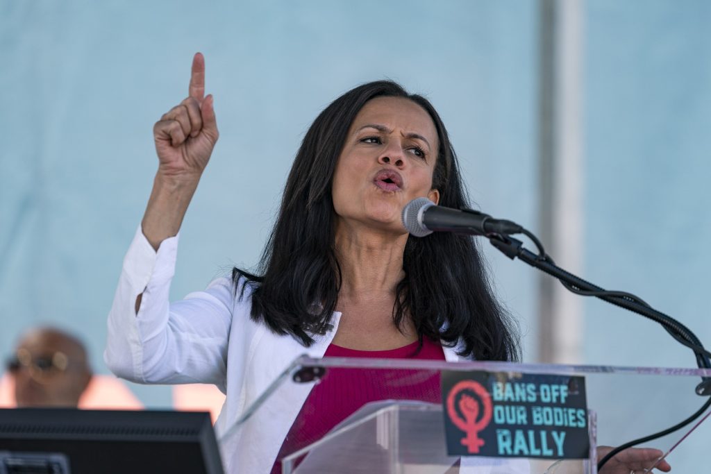 Alexis McGill Johnson, president of Planned Parenthood, addresses abortion-rights supporters at the "Bans Off Our Bodies Abortion Rally" at Los Angeles City Hall, Saturday, May 14, 2022. (AP Photo/Damian Dovarganes)