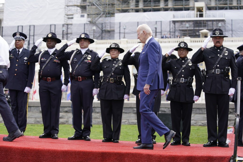 President Joe Biden and first lady Jill Biden attend the National Peace Officers' Memorial Service at the Capitol in Washington, Sunday, May 15, 2022, honoring the law enforcement officers who lost their lives in the line of duty in 2021. (AP Photo/Manuel Balce Ceneta)
