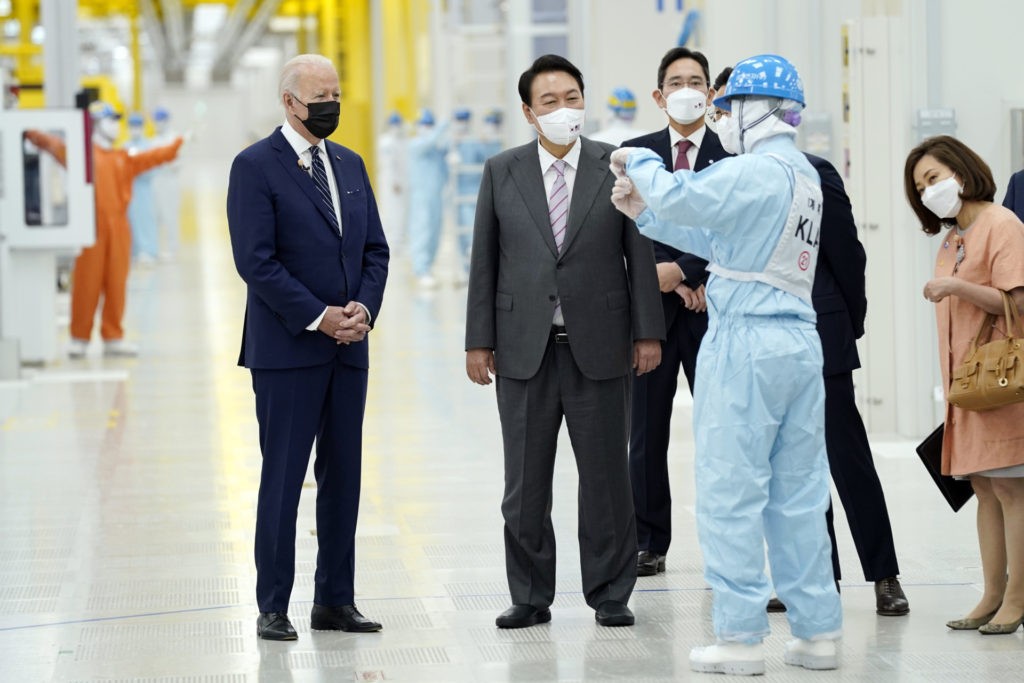 President Joe Biden and South Korean President Yoon Suk Yeol visit the Samsung Electronics Pyeongtaek campus, Friday, May 20, 2022, in Pyeongtaek, South Korea. (AP Photo/Evan Vucci)