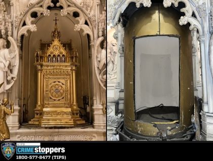 This image provided by the New York City Police Department shows a tabernacle in St. Augustine's Roman Catholic Church in Brooklyn’s Park Slope neighborhood in New York, which was stolen between Thursday, May 26, 2022 and Saturday, May 28, 2022. The tabernacle, a box containing Holy Communion items, was made …
