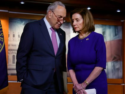 WASHINGTON, DC - APRIL 28: Speaker of the House Nancy Pelosi (D-CA) (L) and Senate Majority Leader Charles Schumer (D-NY) speak during a news conference outlining their legislative efforts to lower fuel prices in the U.S. Capitol Visitors Center on April 28, 2022 in Washington, DC. In an effort to …